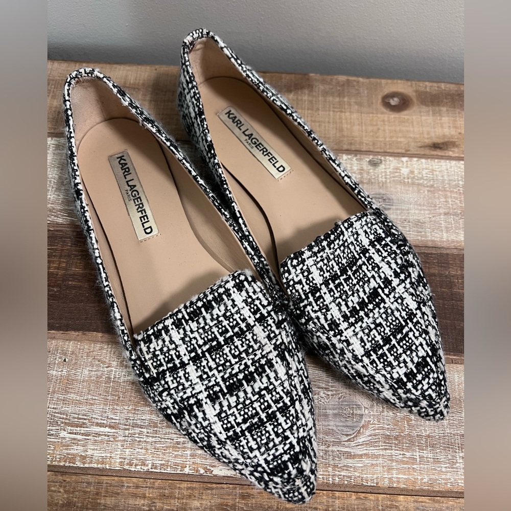 Karl Lagerfeld Paris Black White Tweed Destine 2 Loafer Flat Shoe Size 7